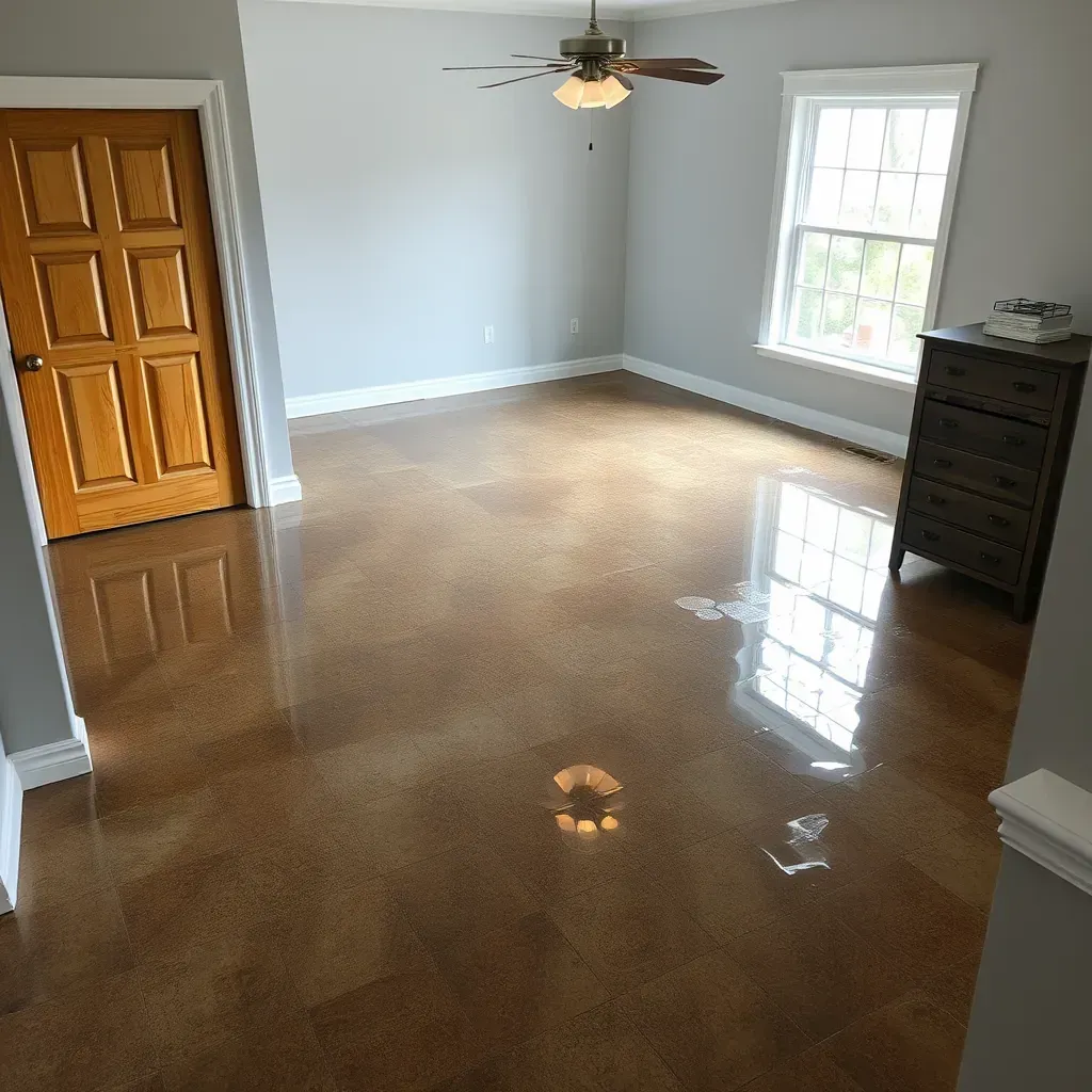 Water damage restoration scene in Oxford, NC: warped floors, peeling drywall, mold, drying equipment, and water cleanup tools.