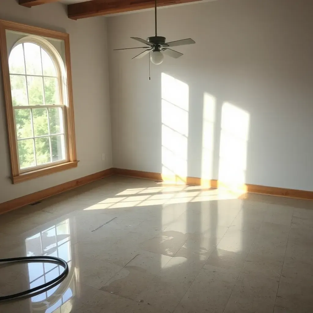 Water-damaged Carrboro home interior with drying equipment, wet floors, and visible moisture control in a lived-in space.