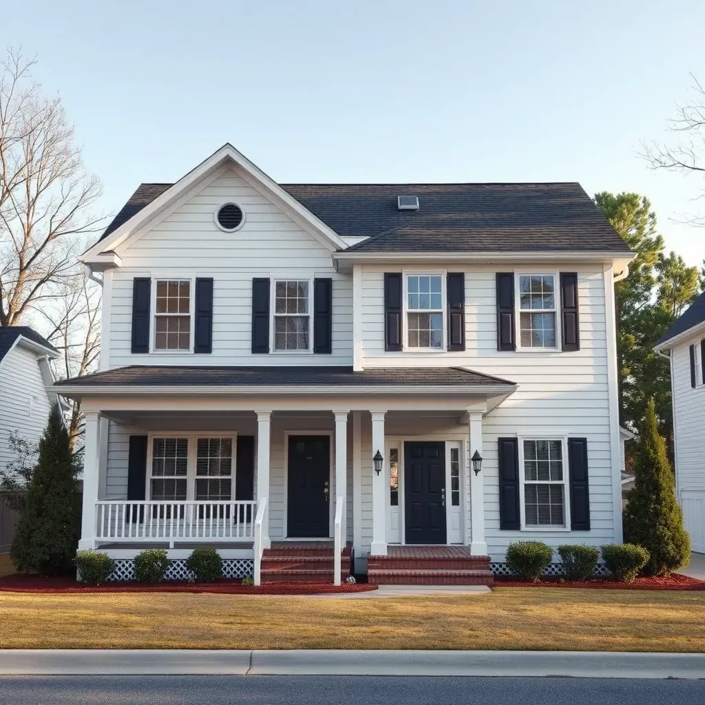Renovated Smithfield NC home exterior with fresh paint, updated windows, new porch, manicured lawn, and lush trees.