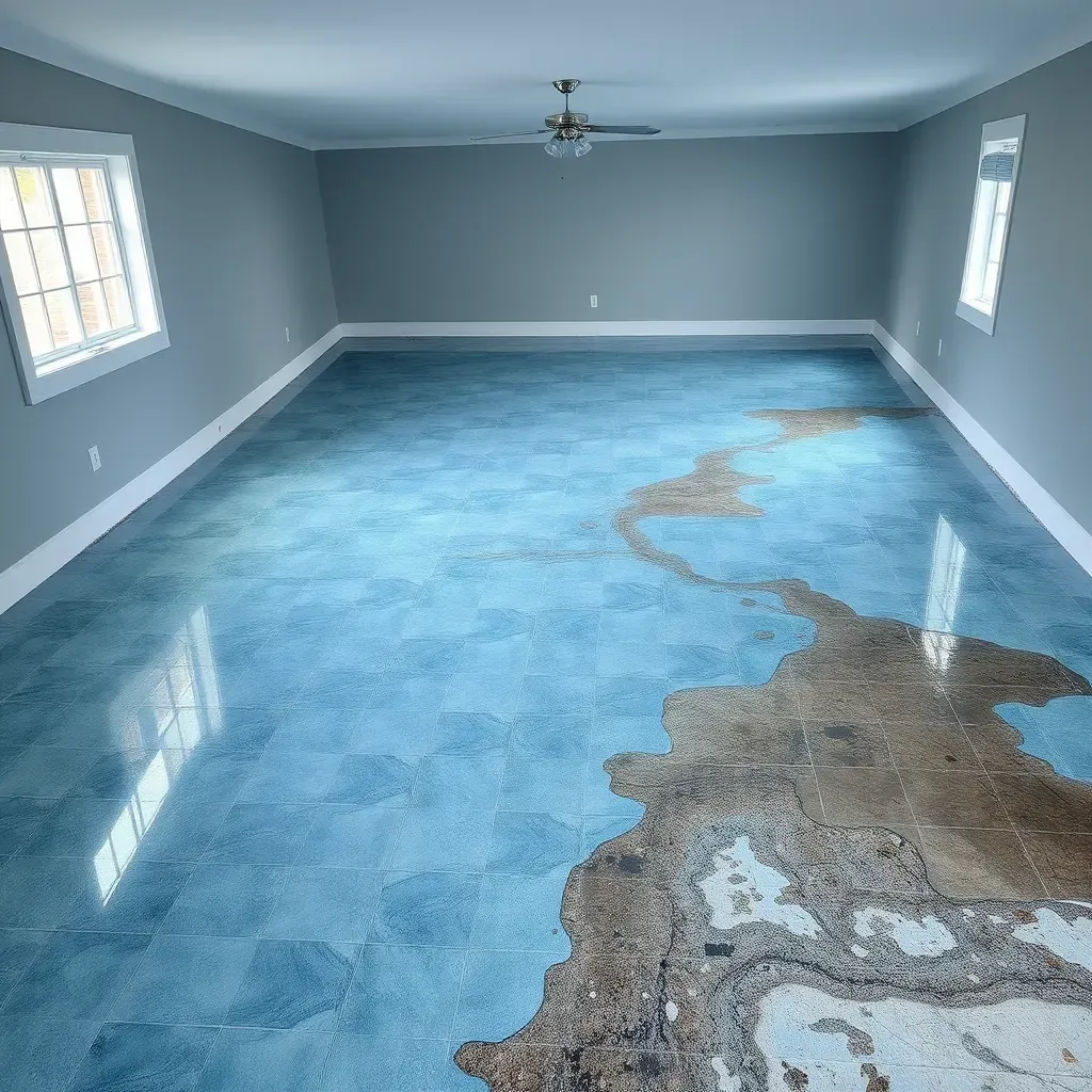 Water damage restoration in Hillsborough, NC with drying equipment, damp floors, water stains, and stormy outdoor views.