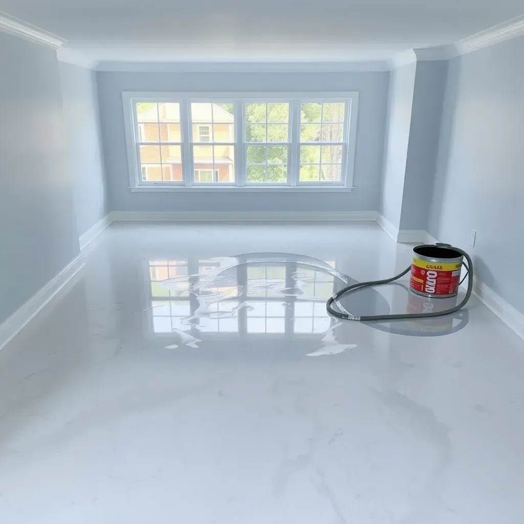 Restored Raleigh NC basement with new vinyl flooring, dried walls, dehumidifier, fans, sump pump, and fresh renovation details.