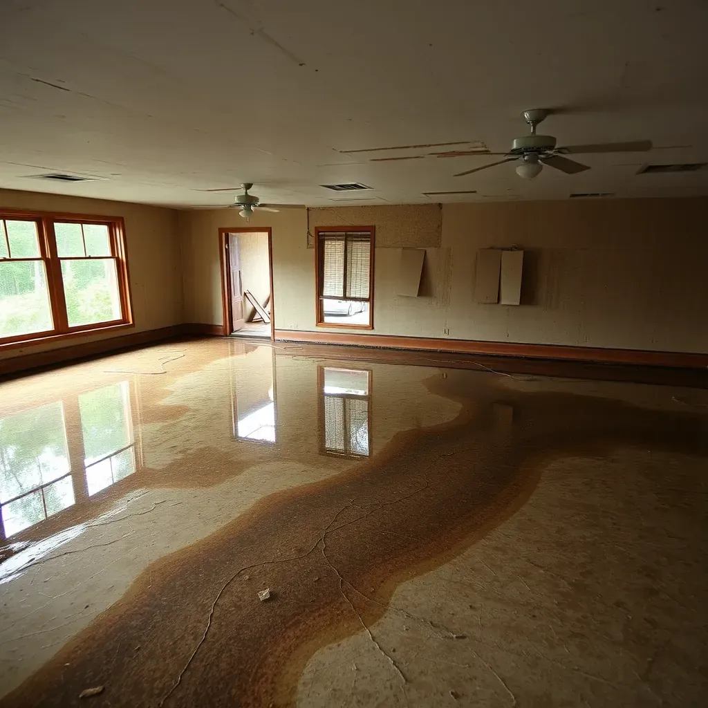 Water damage in a Selma, NC home with warped floors, peeling paint, mold, and restoration equipment like fans and dehumidifiers.