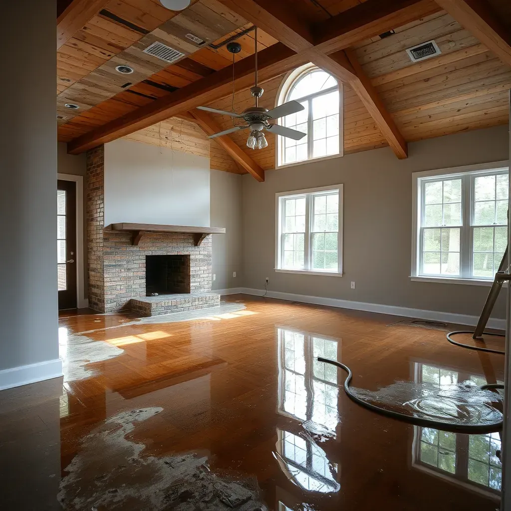 Interior of Pittsboro, NC home showing water-damaged flooring, soaked drywall, and restoration equipment like fans and dehumidifiers.