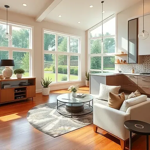 Beautiful Pittsboro home interior with modern design, hardwood floors, sleek cabinetry, and lush landscaping views.