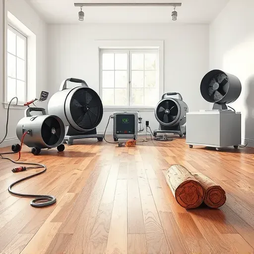 Water damage restoration scene in Bunn, NC, with modern equipment, clean hardwood, and bright, professional interior.