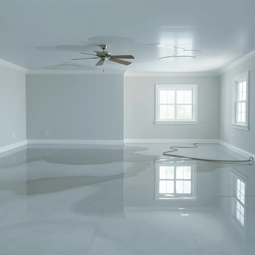 Water damage restoration in Angier, NC: dehumidifiers, air movers, tools, and dry, organized space after water exposure.
