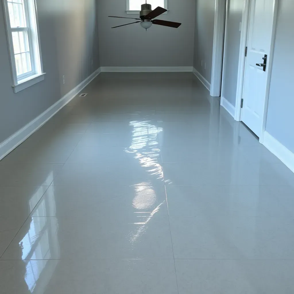 Water damage repair scene in Angier, NC home showing soaked carpets, damaged drywall, water stains, and restoration equipment.