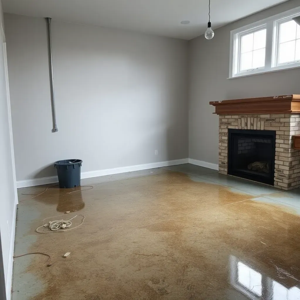 Water damage restoration scene in Angier, NC featuring a flooded basement, damaged walls, water stains, and restoration equipment.