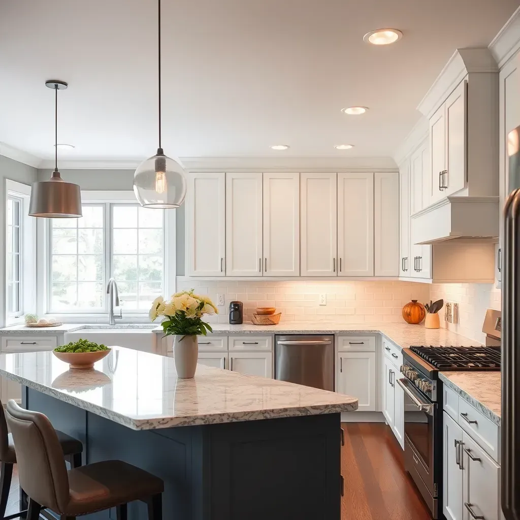Modern Raleigh kitchen with white cabinets, quartz island, subway backsplash, hardwood floors, and scenic views.
