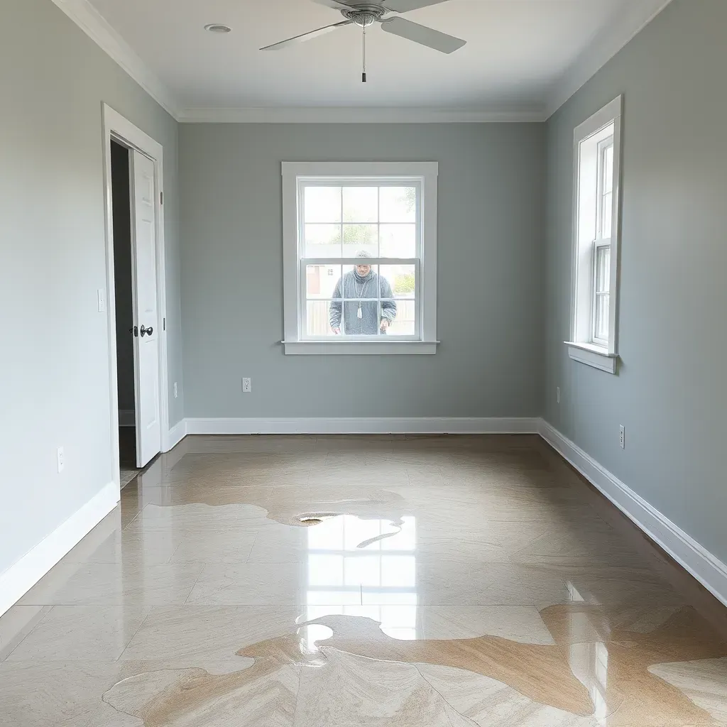 Water damage restoration in Lillington, NC: damaged hardwood floor, wet drywall, drying equipment, and restoration progress.