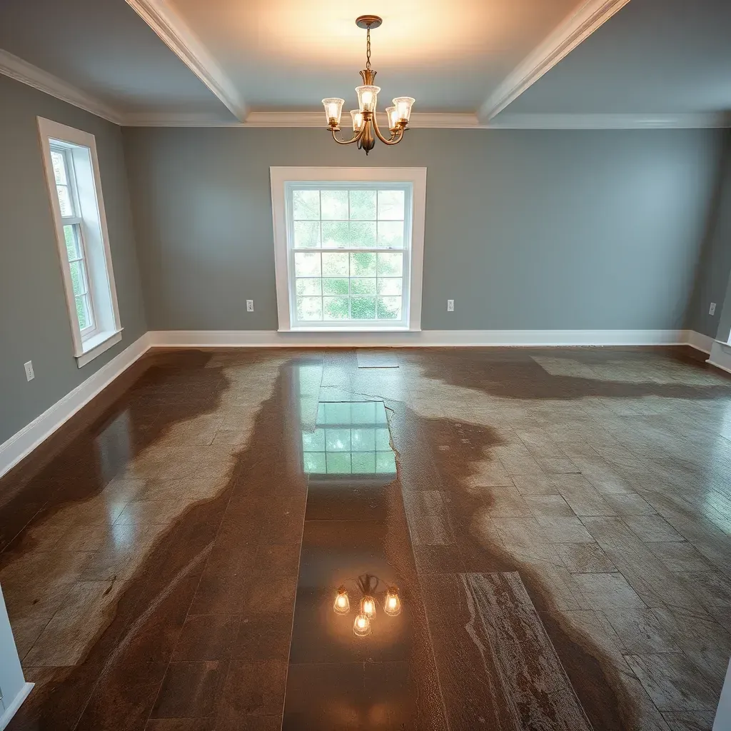 Water damage restoration in a Four Oaks, NC home showing soaked drywall, warped floors, and drying equipment in use.