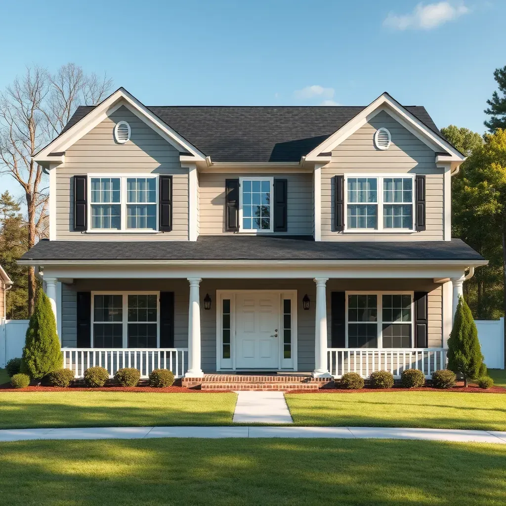 Home restoration in Four Oaks, NC: a renovated Southern-style house with fresh paint, lush landscaping, and ongoing remodeling.