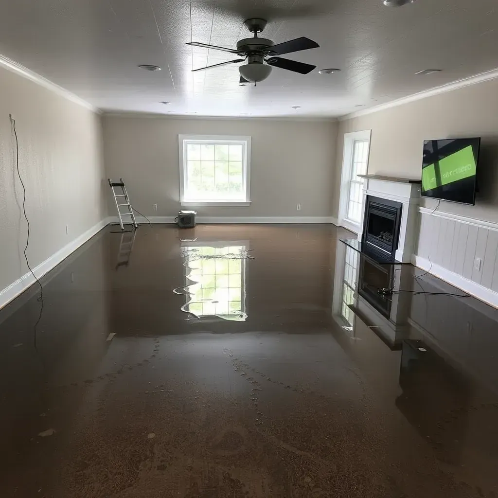 Residential living room with drying fans, dehumidifier, water-damaged floors, wet walls, and restoration equipment.