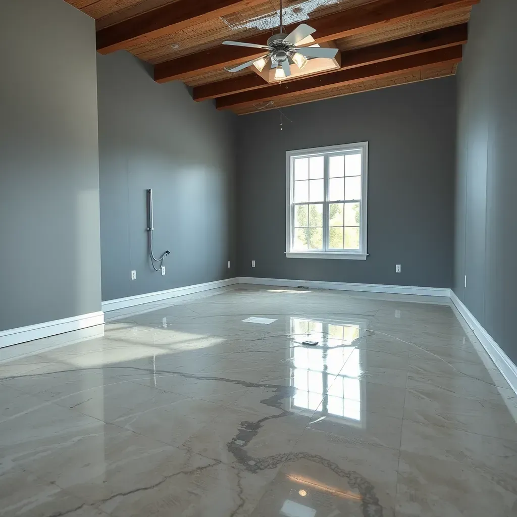 Flood-damaged room in Morrisville, NC with warped floors, swollen baseboards, drying equipment, and water stains.