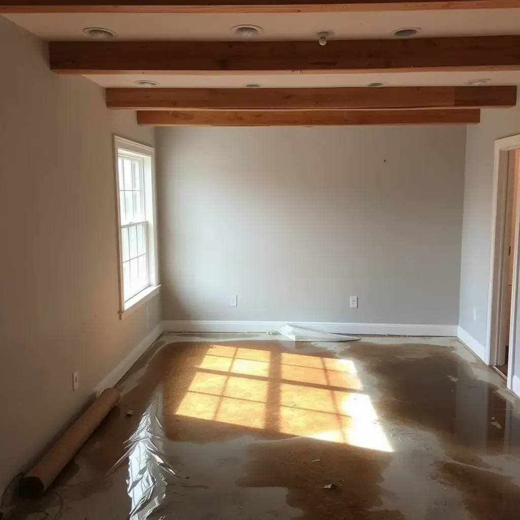 Interior of Durham property showing water-damaged flooring, soaked carpet, mold, and restoration equipment in use.