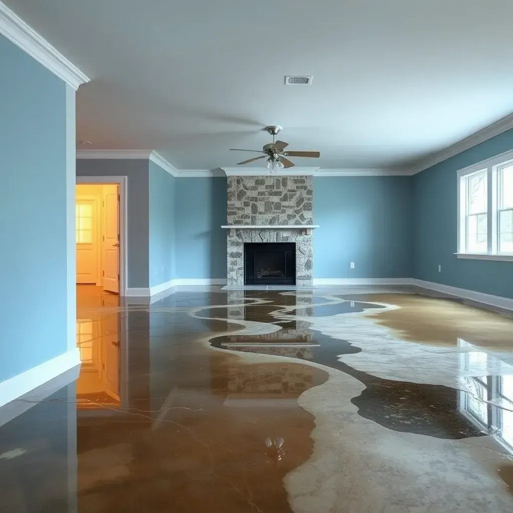 Water damage restoration scene in Benson, NC showing soaked walls, lifted carpets, dehumidifiers, fans, and water-stained windows.