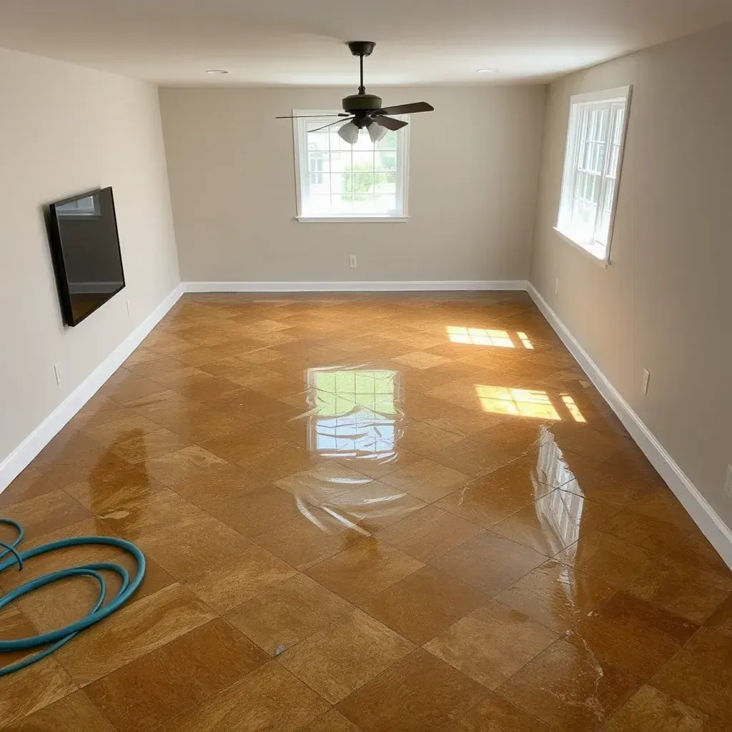 Water damage restoration in Morrisville, NC: destroyed flooring, swollen drywall, and restoration equipment in a residential living room.