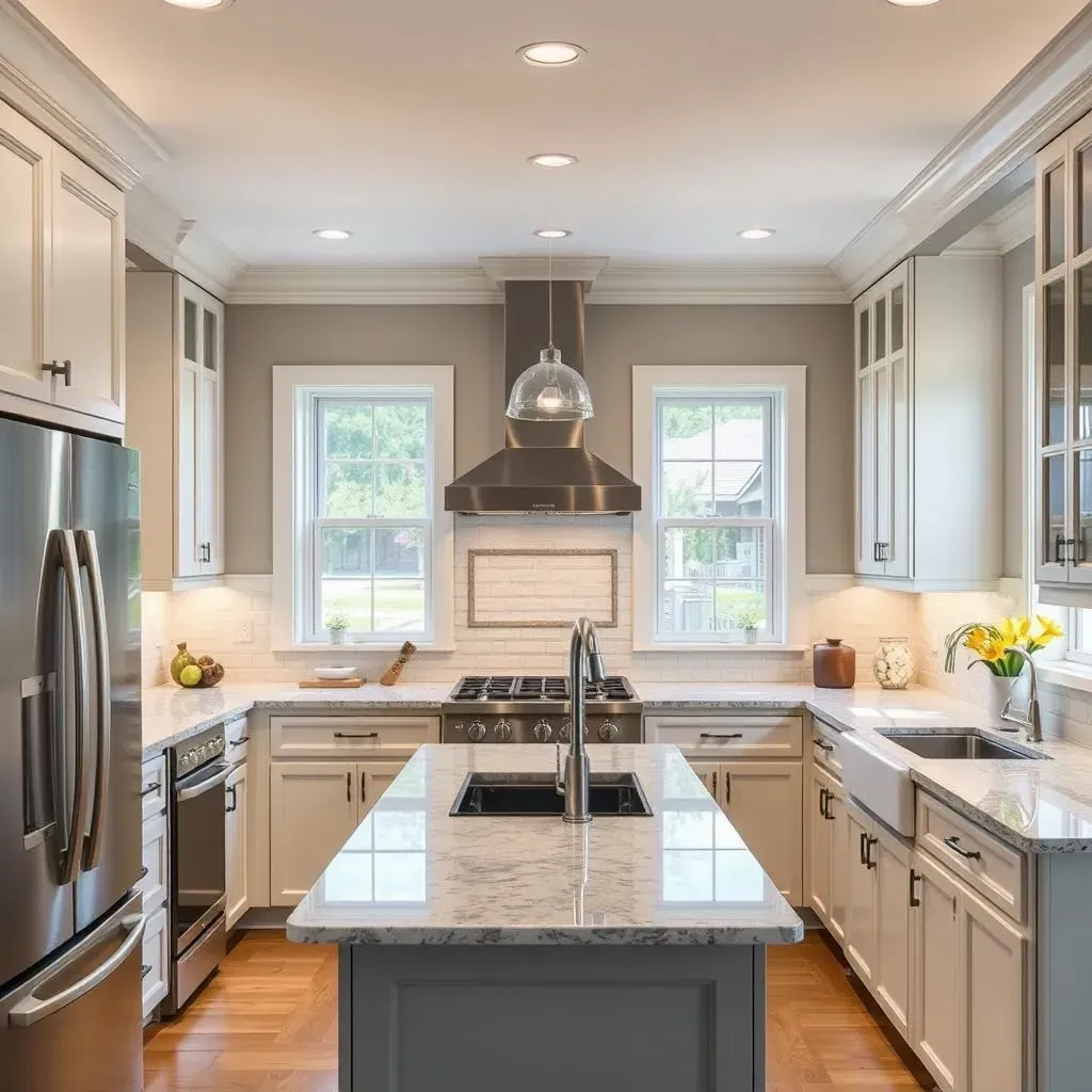 Modern Raleigh kitchen with granite counters, white quartz cabinets, stainless steel appliances, hardwood floors, and large windows.