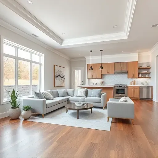 Modern Garner home interior with stylish living room, hardwood floors, neutral walls, large windows, and sleek kitchen.