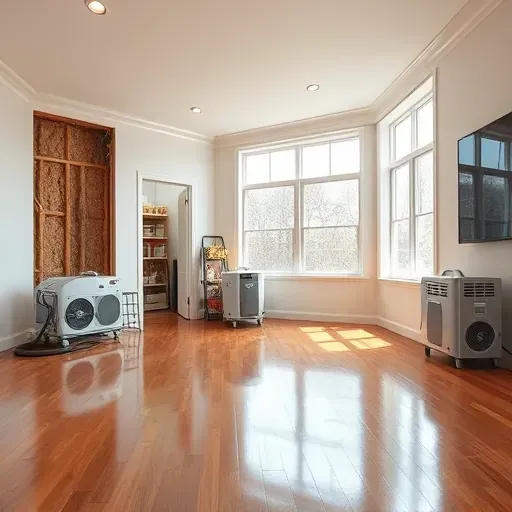Restored Bunn, NC living room after water damage repair, featuring clean floors, new drywall, and drying equipment.