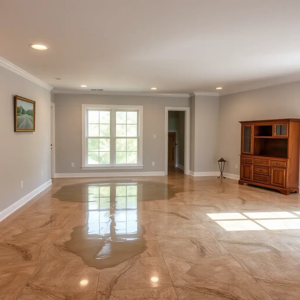 Water damage restoration scene in Holly Springs, NC featuring wet floors, peeling paint, and professional drying equipment.