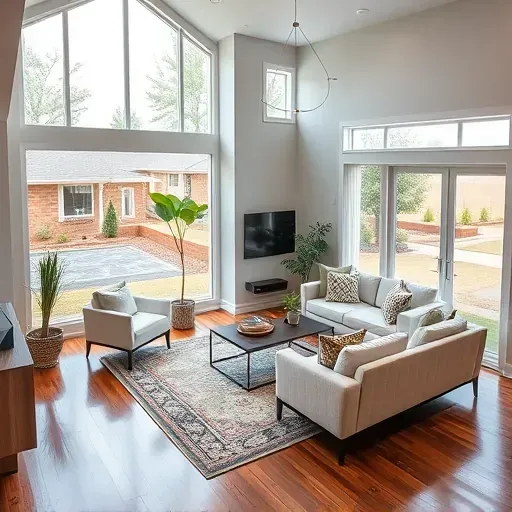 Recently renovated modern living room in Butner, NC with large windows, sleek furniture, hardwood floors, and landscaped yard.