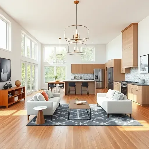 Modern Carrboro home interior with open living, sleek floors, large windows, stylish decor, and a contemporary kitchen.