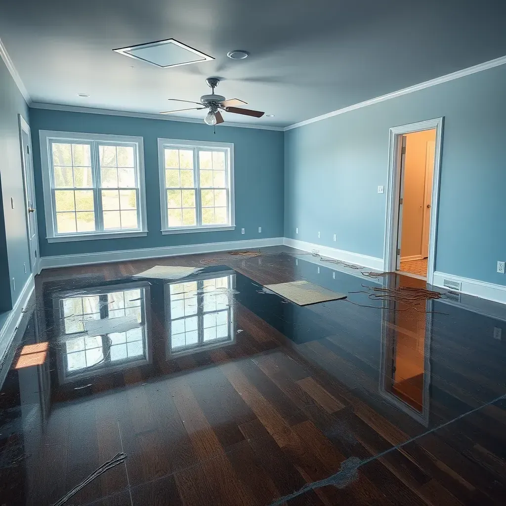 Interior of a water-damaged living room in Fuquay-Varina, NC, featuring warped floors, peeling paint, and drying equipment.