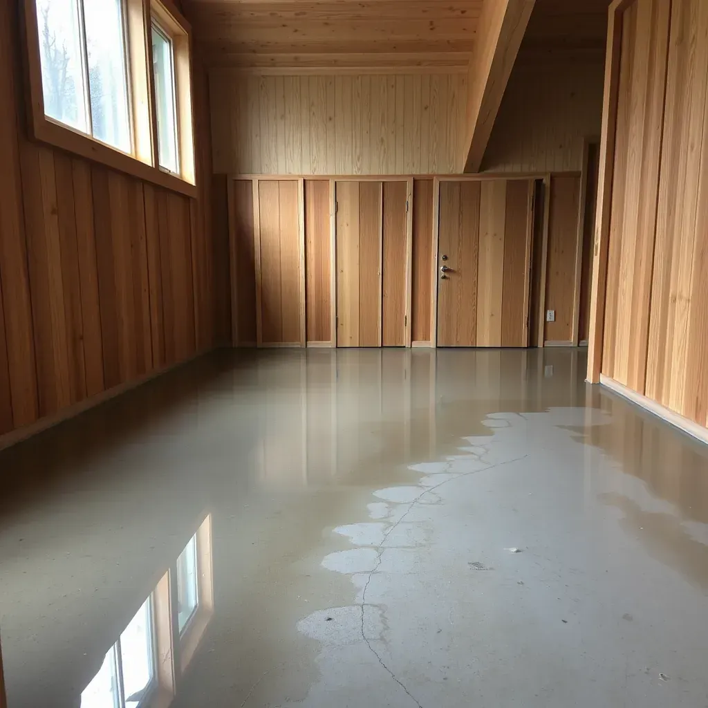Water damage in Butner, NC home with wet flooring, stained walls, and restoration tools like dehumidifiers and moisture meters.