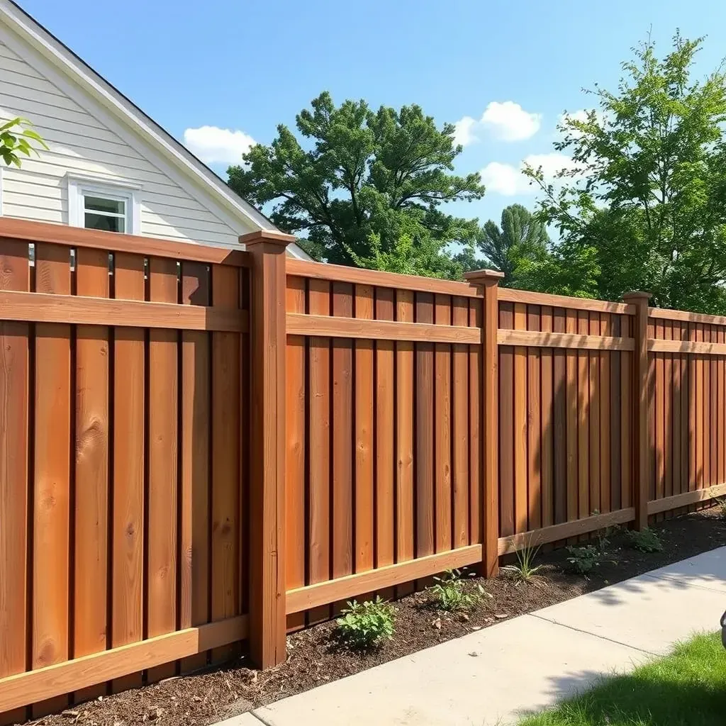 Beautiful Raleigh backyard with a freshly painted white picket and stained wooden fence, lush greenery, and blooming azaleas.