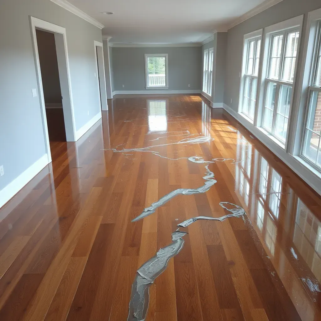 Water damage restoration scene in Raleigh, NC living room with drying equipment, wet floors, and moisture-damaged walls.
