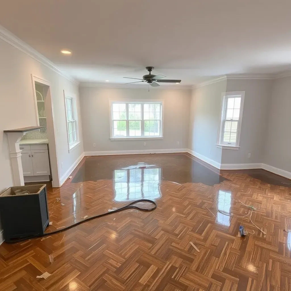 Water damage restoration scene in Durham, NC featuring water-affected home interior, drying equipment, and local urban view.