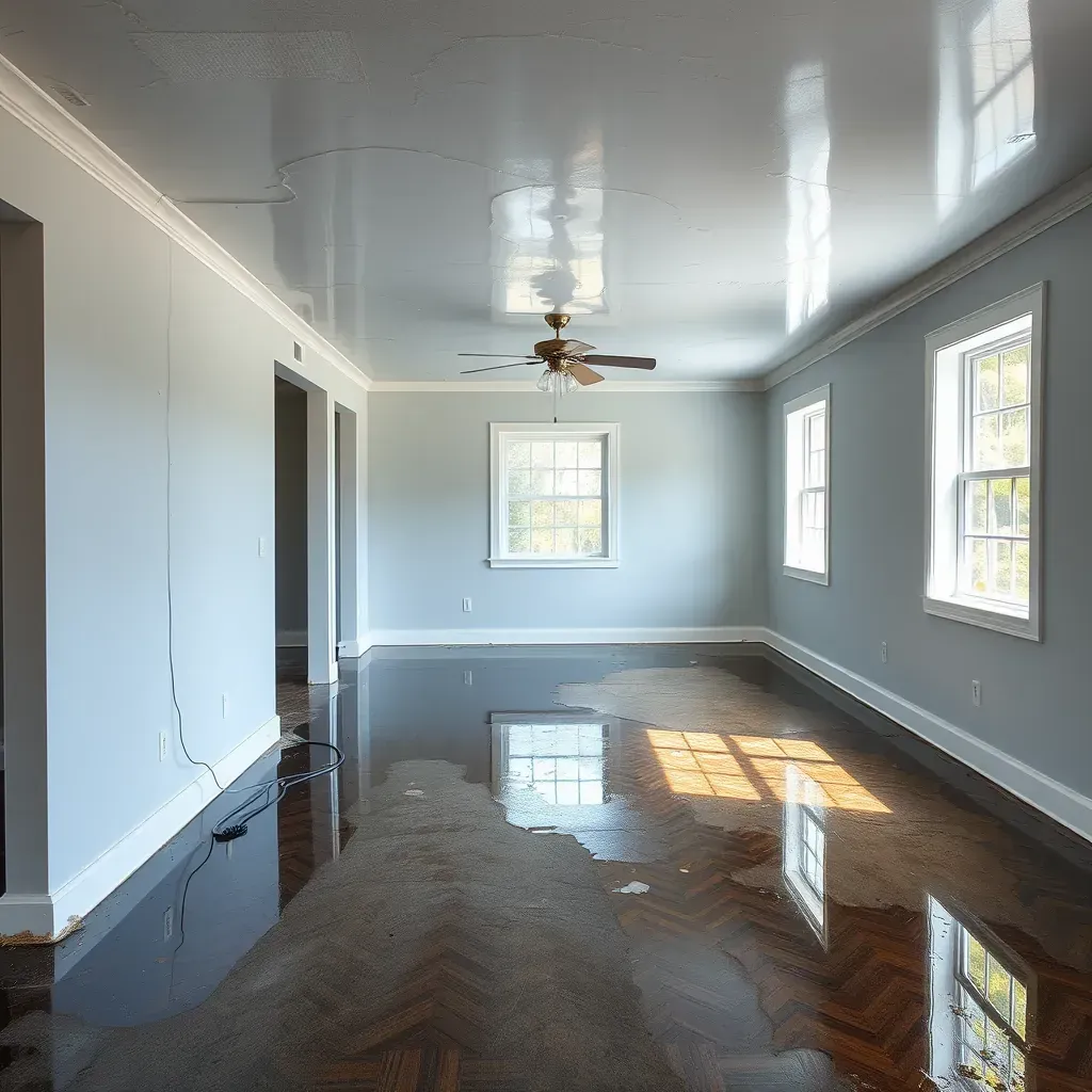 Water damage in a Bunn, NC home with warped floors, peeling drywall, mold spots, and professional restoration equipment.