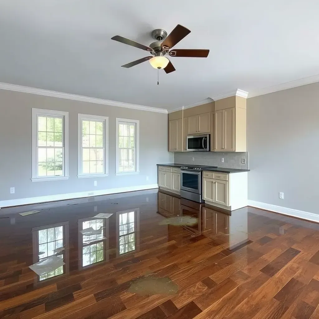 Water damage restoration scene in a residential room in Oxford, NC, with stained drywall, wet carpet, drying equipment, and water stains.