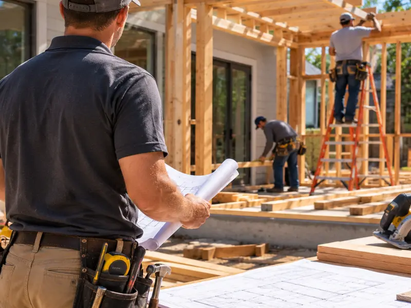 General contractor reviewing blueprints while crew frames a home addition.