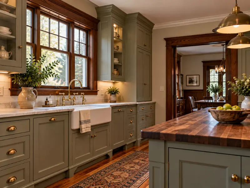 Sage green shaker-style kitchen cabinets with brass cup pulls and knobs, a white farmhouse sink with brass faucet, glass-front upper cabinets, and a walnut butcher block island.