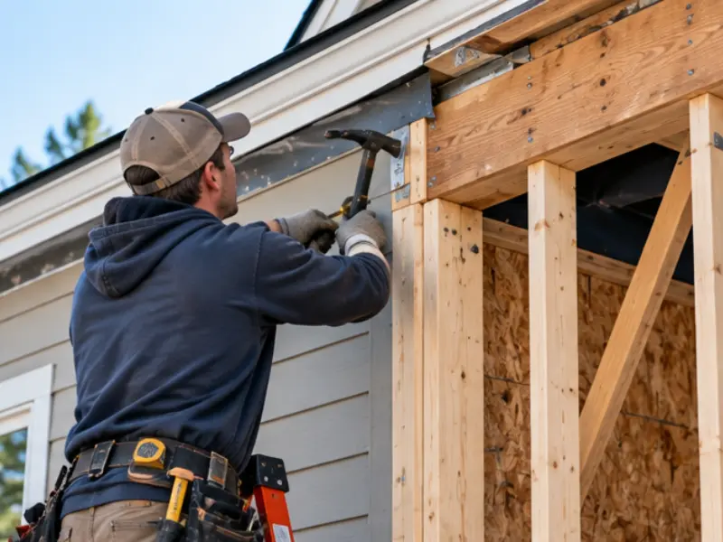 Framing carpenter hammering a wood stud and header at the corner of a home addition, next to sheathed walls and diagonal bracing.