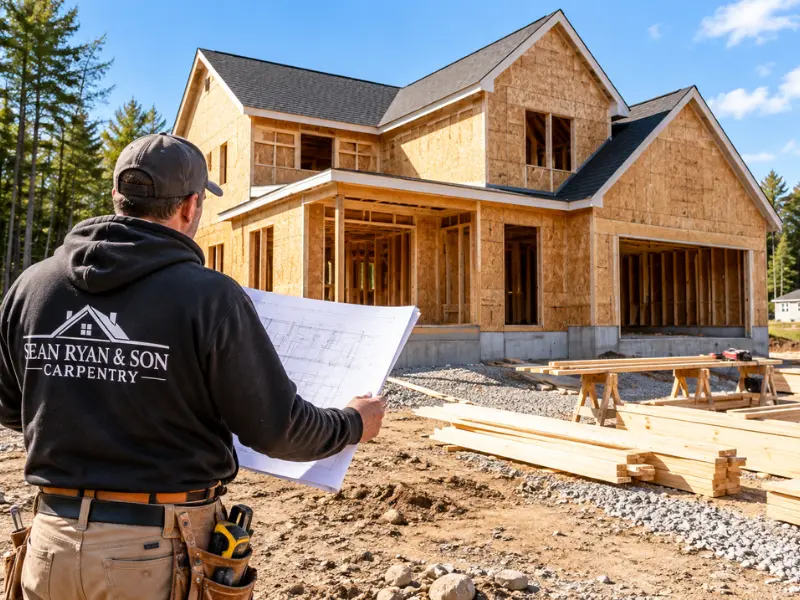 Sean Ryan & Son Carpentry builder reviewing blueprints in front of a custom home frame with sheathing and a new roof
