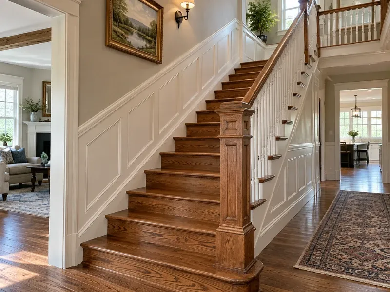 Custom oak staircase with a hand-built newel post, white balusters, and raised-panel wainscoting in a bright home interior