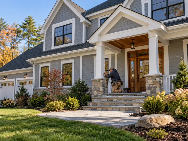 Finished custom home exterior with gray siding, stone porch columns, and a wood front door as a builder completes final details.