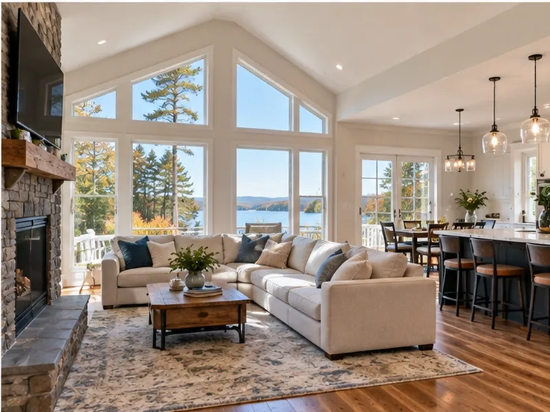 Finished open-concept living room and kitchen after a home renovation, with vaulted ceiling, stone fireplace, and large windows overlooking a lake.