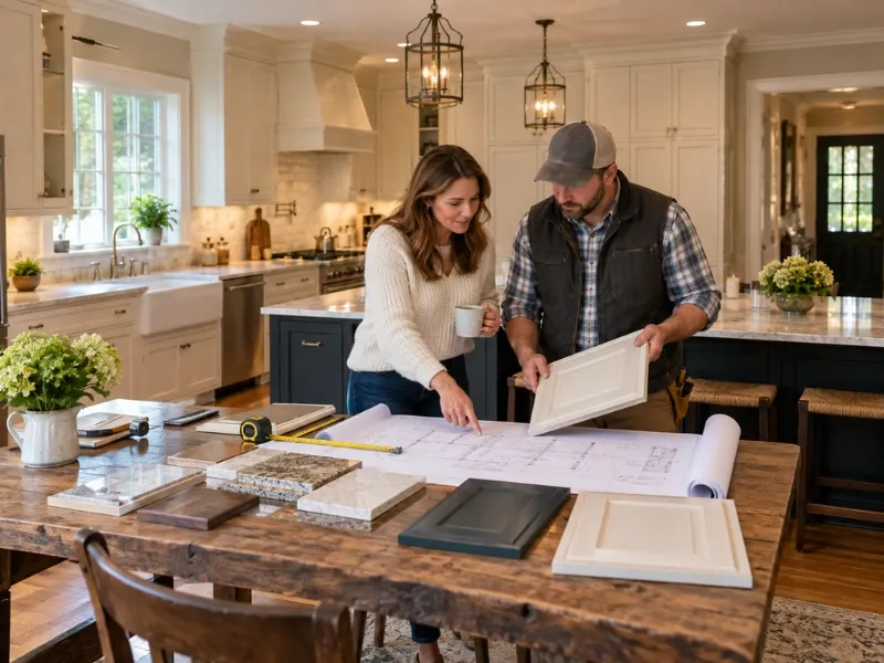 Homeowner and contractor reviewing kitchen remodeling blueprints with cabinet door and countertop samples on a rustic wood table.