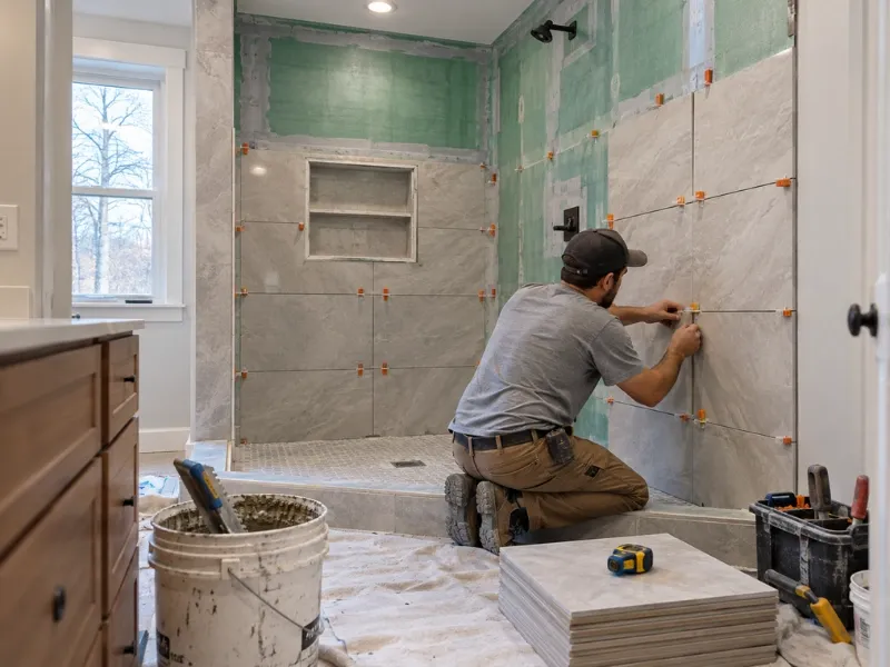 Contractor in a cap and safety glasses removing an old vanity in a vintage bathroom, with exposed wall studs, plaster debris, and a debris bin in the foreground.