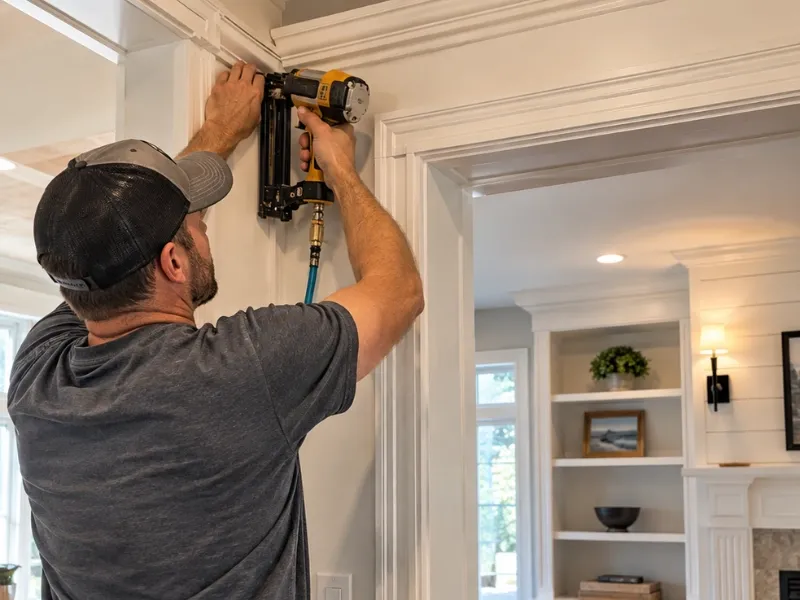 Carpenter using a pneumatic nail gun to secure white casing around a doorway, with built-in shelves in the background.