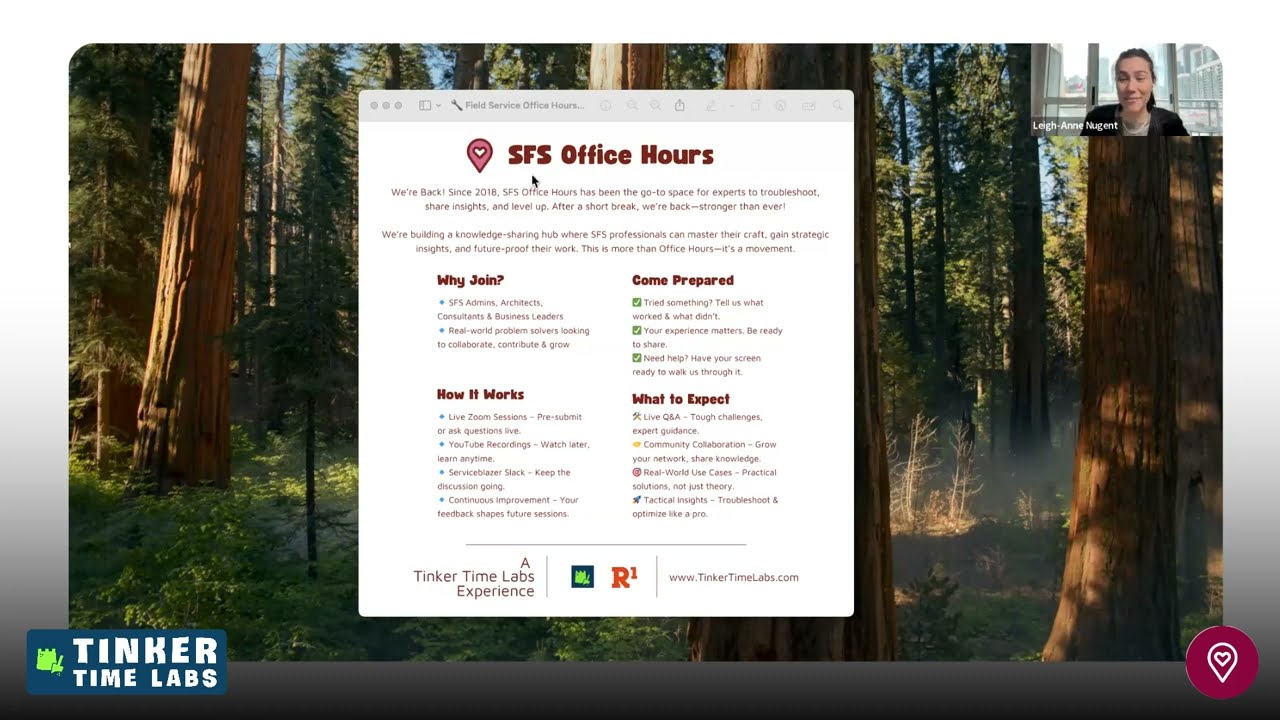 Leigh-Anne Nugent demonstrating Salesforce Field Service Enhanced Scheduling and Optimization setup, testing data generation, and reviewing territory and scheduling configuration.