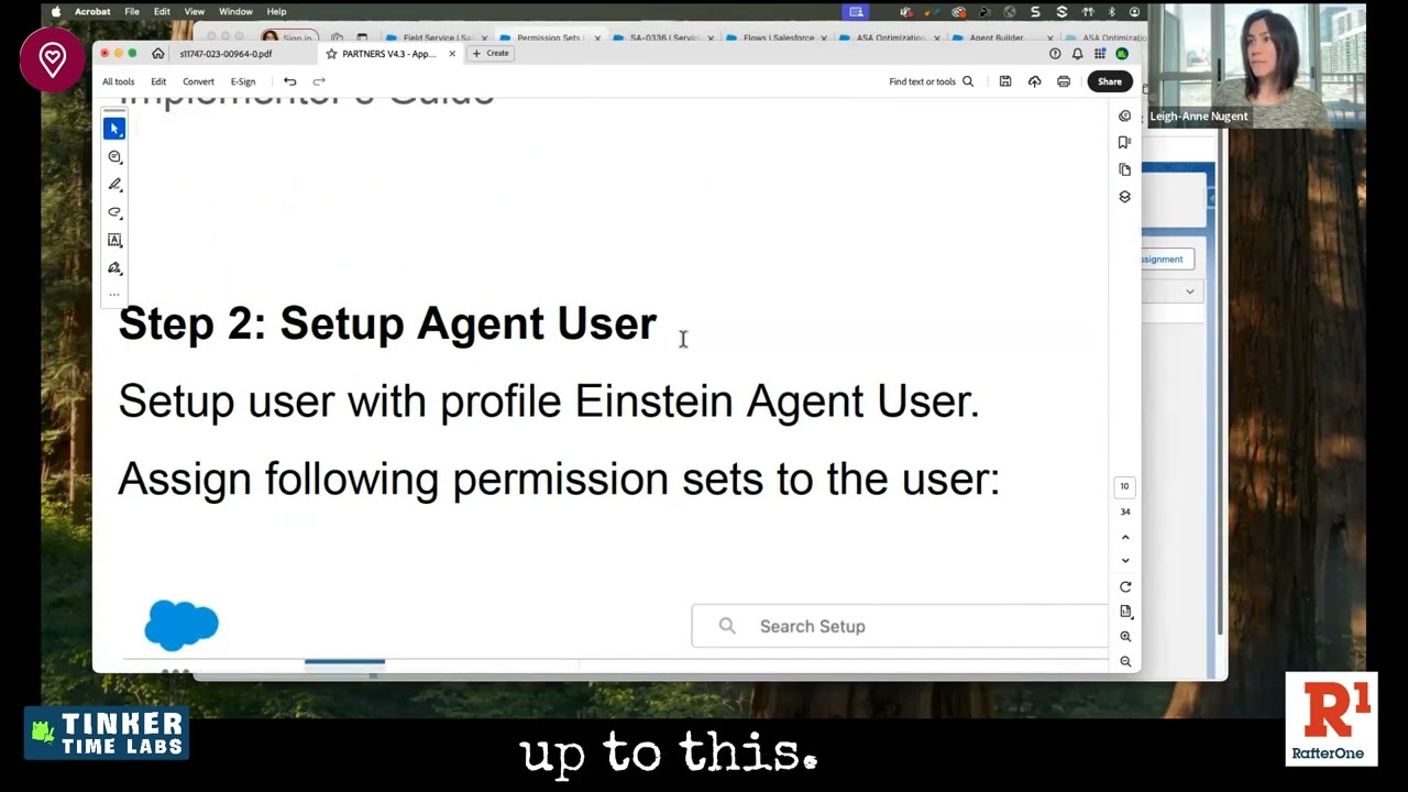 Leigh-Anne Nugent demonstrating an Agentforce appointment booking setup for Salesforce Field Service, including flows, messaging, and service scheduling logic.