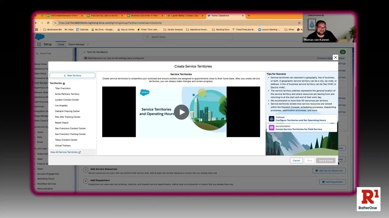 Leigh-Anne Nugent explaining how to implement Salesforce Field Service, including work types, service territories, service resources, and inventory considerations.