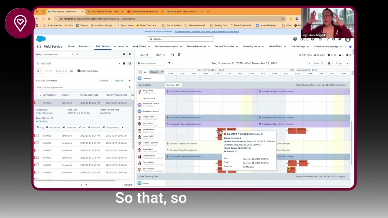 Leigh-Anne Nugent explaining Salesforce Field Service time zone setup, including service territories, operating hours, dispatcher console settings, and Book Appointment behavior.