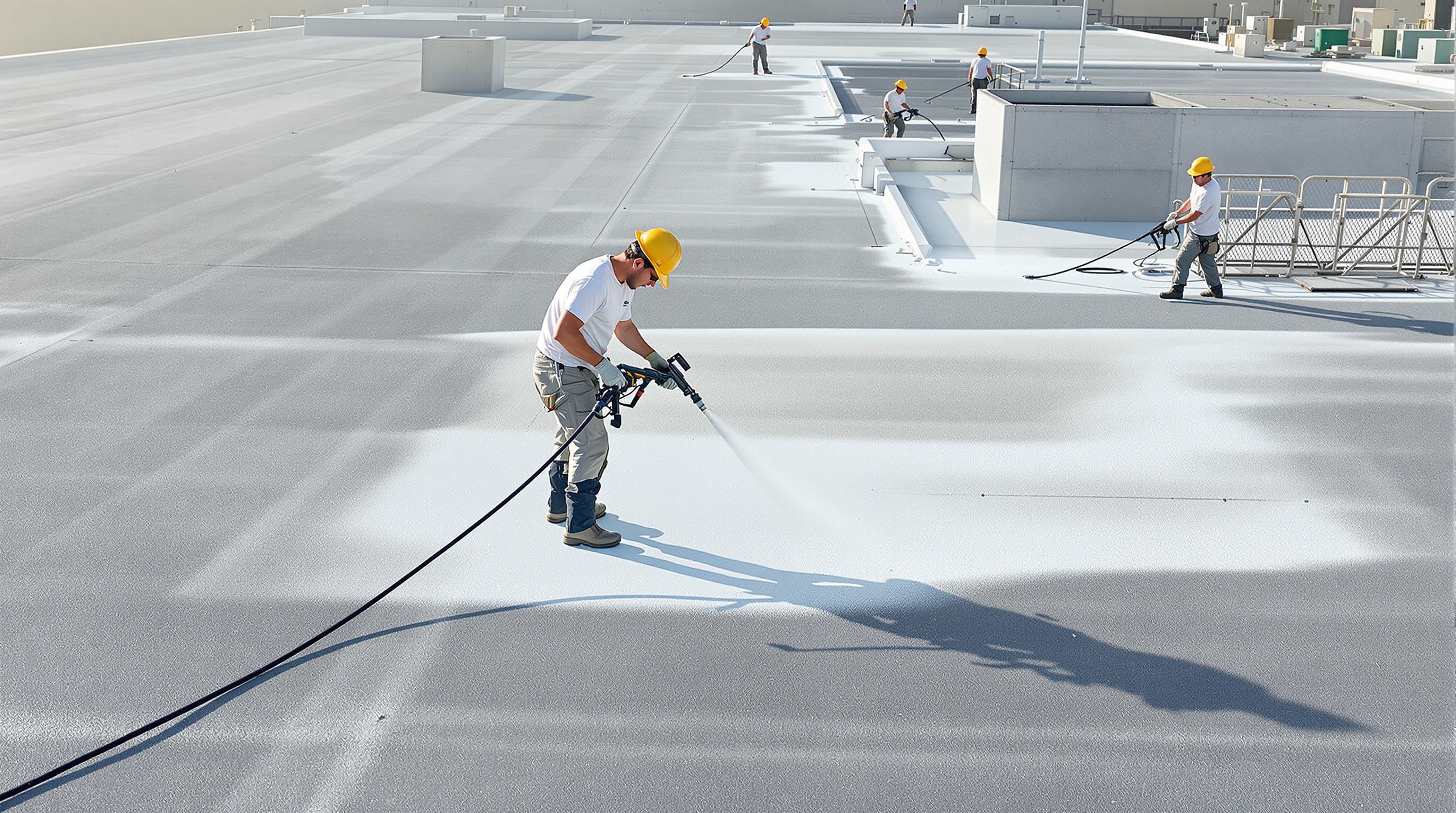 A diverse team of roofing professionals, including men and women of various ages and backgrounds, stand together on a rooftop with city buildings behind them, all smiling confidently, wearing branded uniforms and safety gear, showing unity and expertise.