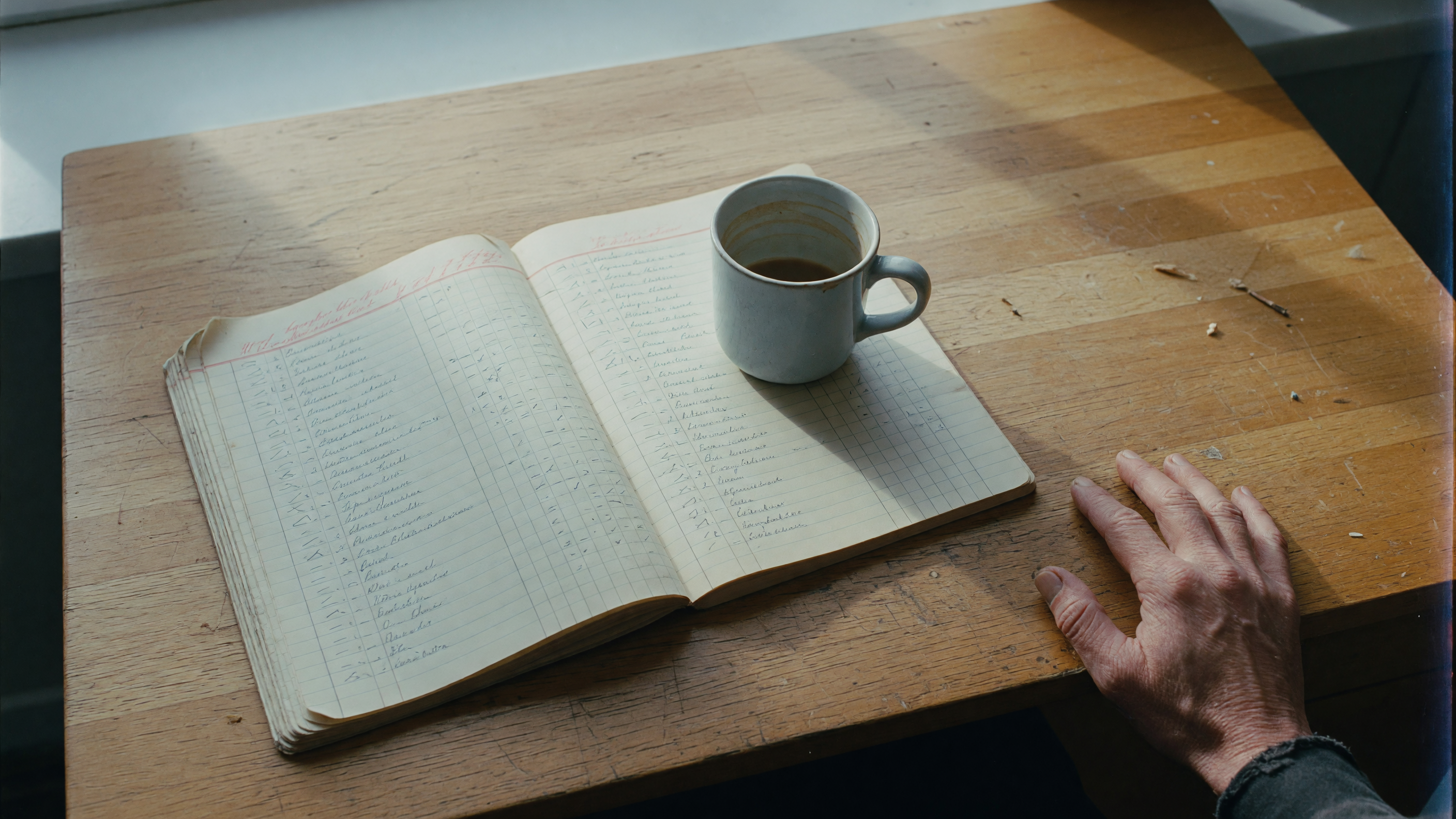 A worn wooden desk with an open ledger, coffee mug, and one relaxed hand.